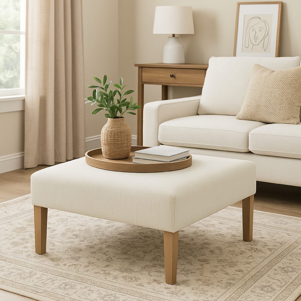 Dan Square Coffee Table Ottoman, Brown Wood, Cream Polyester 36 Inch
