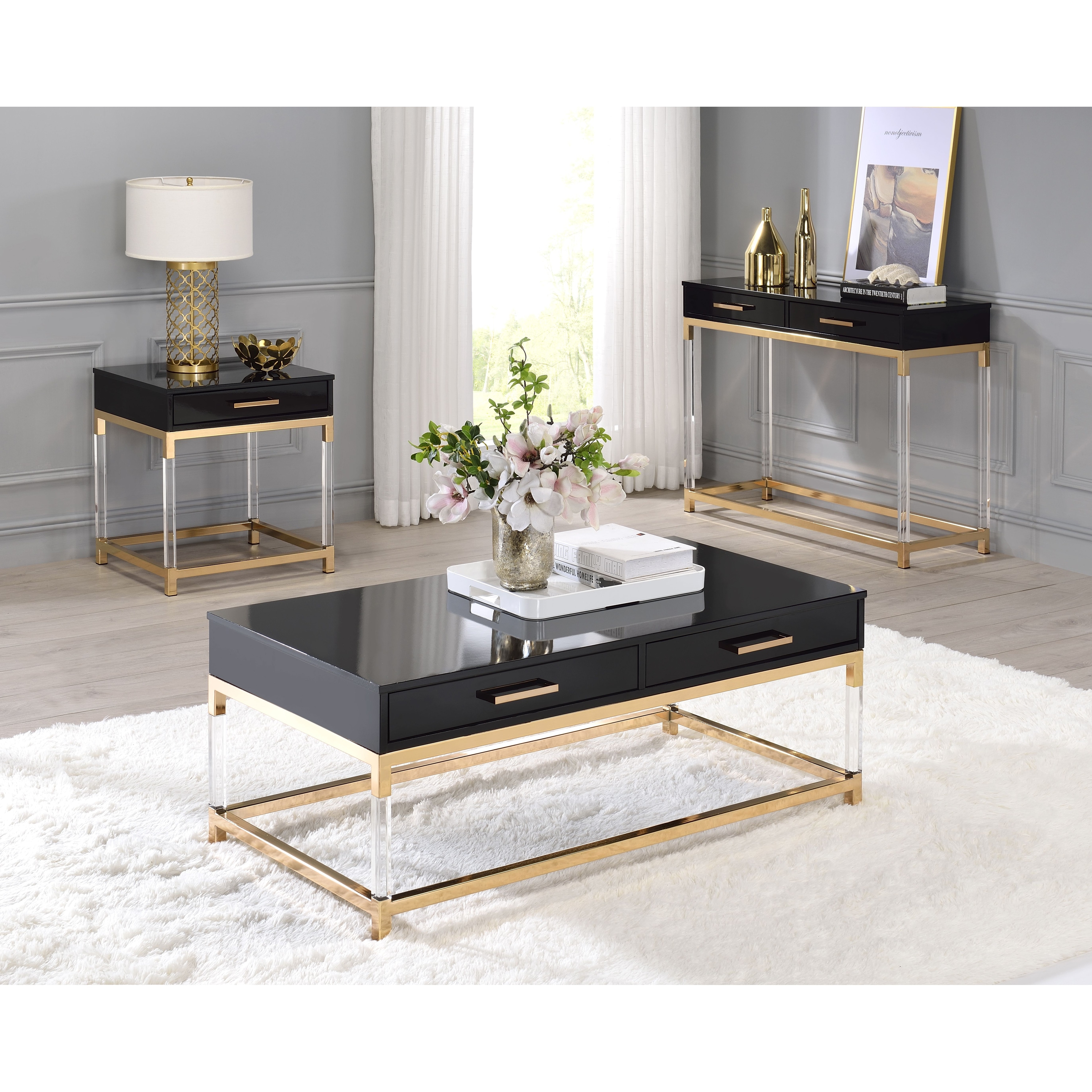 Coffee Table; (120x60x42)cm, Glossy Black/Gold