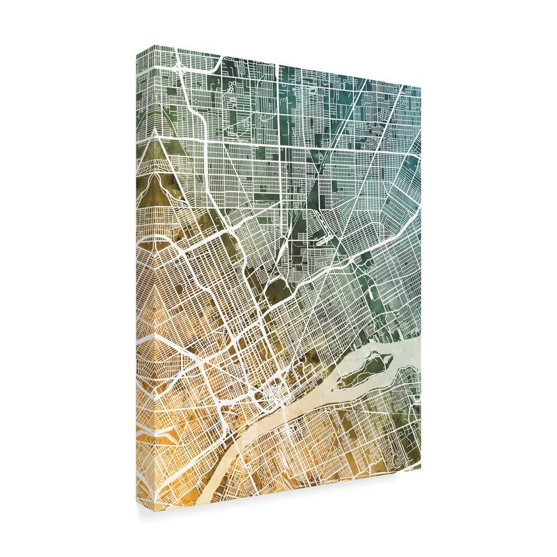 Michael Tompsett 'Detroit Michigan City Map Teal Orange' Canvas Art