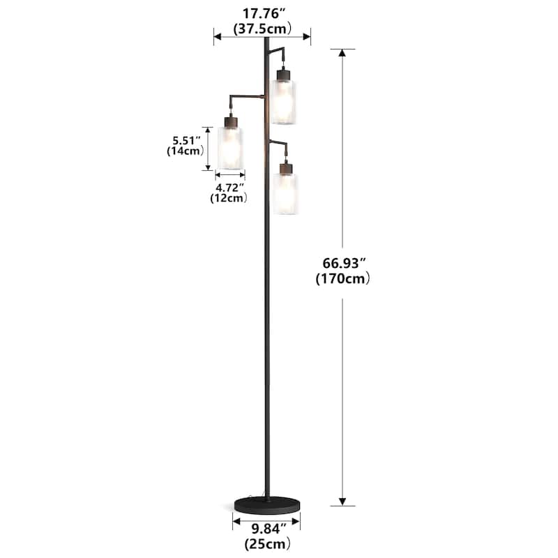 67" 3-Light Tree-Shaped Floor Lamp - Glass Lampshades & Foot Switch for Living Room & Bedroom