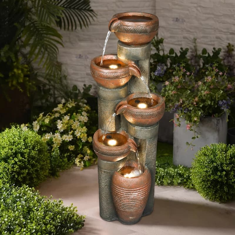 5-Tier Outdoor Water Fountain w/LED Lights Waterfall Feature for Home - Grey - Floor - Polyresin
