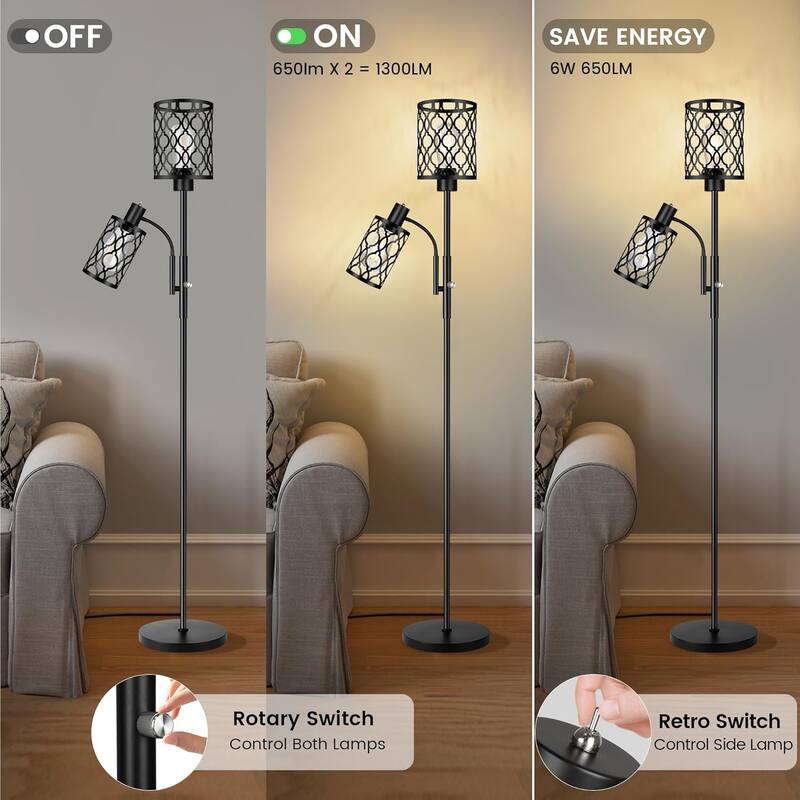 72" Farmhouse Floor Lamps with Adjustable Reading Lamp, 2-Light Lamps with 2 Edison Bulbs