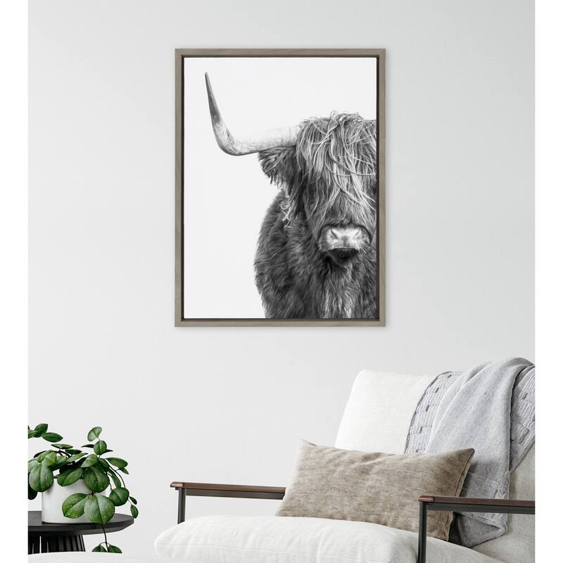 Kate and Laurel Sylvie BW Highland Cow 1 Framed Canvas by Amy Peterson
