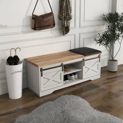Industrial Storage Bench with Farmhouse Sliding Drawer & Padded Seat Cushio Hallway Bench Entry Cutout Shoe Bench