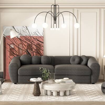 87.7" Modern Curved Sofa Teddy Fabric Upholstered Couch Faux Lamb Wool Sofa for Living Room with 5 Throw Pillows and Wood Legs