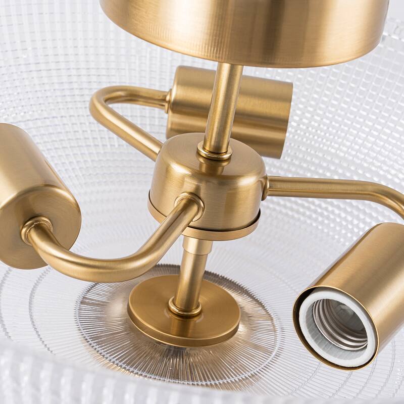 Industrial 3-Light Gold Semi Flush Mount Lights with Grid Textured Glass - Brass