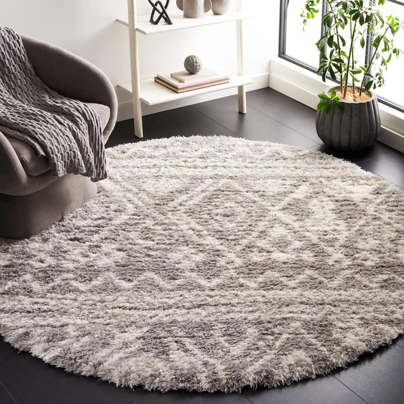SAFAVIEH Handmade Flokati Yaffa Shag Solid Polyester Rug - 6'7" Round - Grey/Ivory