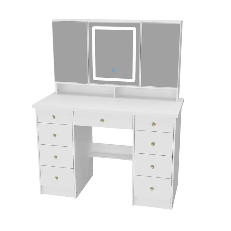 Spacious Vanity Desk with Mirrored Storage Cabinets - A Beauty Oasis