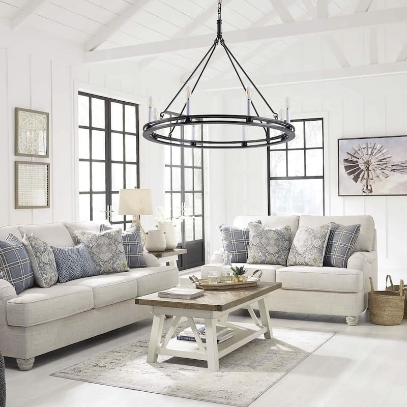 Industrial Black 8-Light Large Round Candle Chandelier for Dining Room