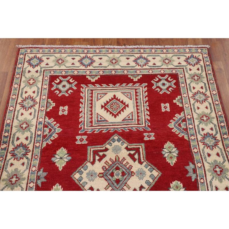 Red Geometric Kazak Foyer Rug Handmade Oriental Wool Carpet - 3'6" x 5'1"
