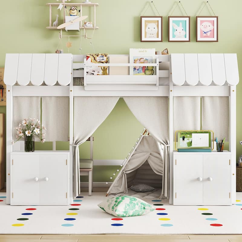 Fairy Tale Cottage Loft Bed with Tent, Bookshelf and Storage Cabinets