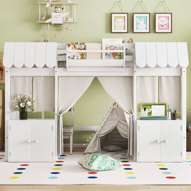 Twin Loft Bed with Built-in Bookshelf, Curtain, and Storage Shelf Amusement Park-Inspired Playful, White