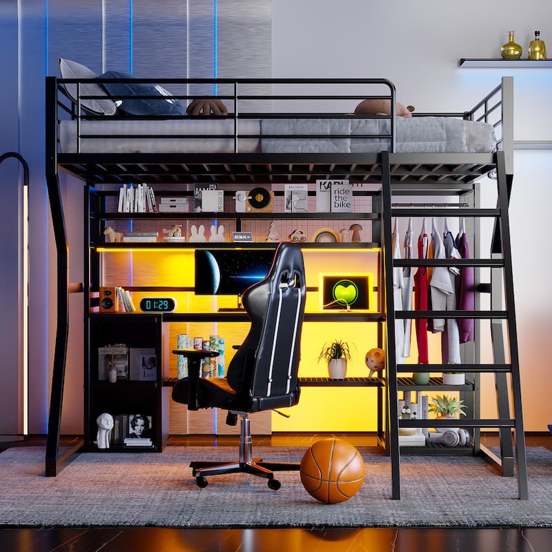 Full Metal Gaming Loft Bed - Built-in Desk, Wardrobe & LED Lights, Multi-Storage
