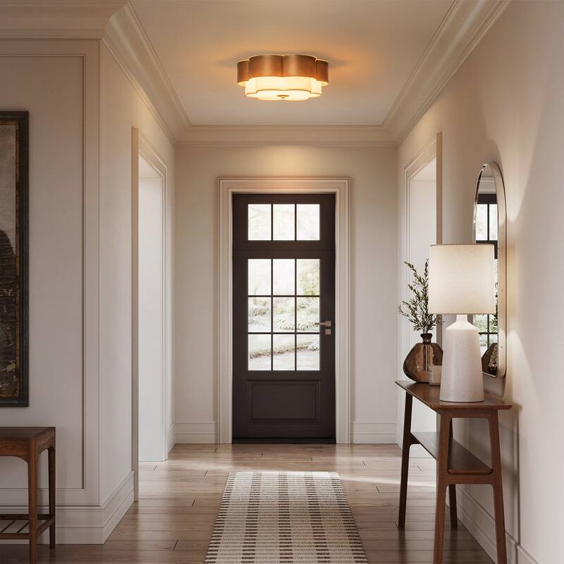 13.8" W Mid-Century Modern Tiered Flower/Circluar Drum Ceiling Light in Distressed Stain Gold with White Fabric Shade