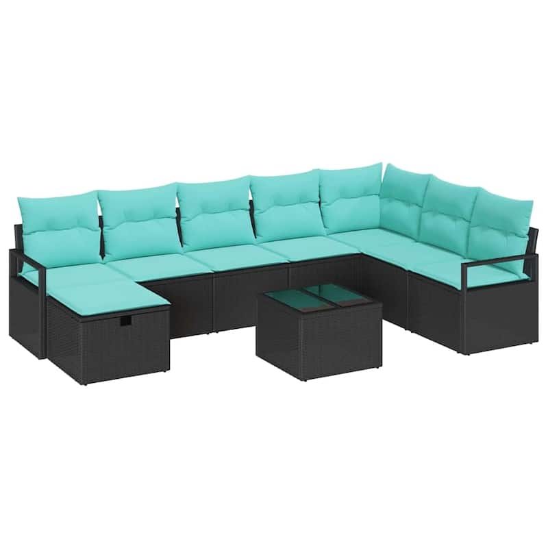 vidaXL 8/9 Piece Garden Sofa Set with Cushions Black Poly Rattan - 113×69.7×27.2
