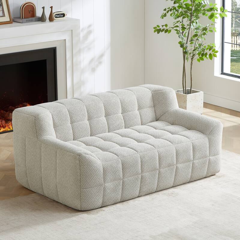 Liyasi 2 Seater Full Compression Sofa Beige Lychee Velvet No Assembly Required - Beige