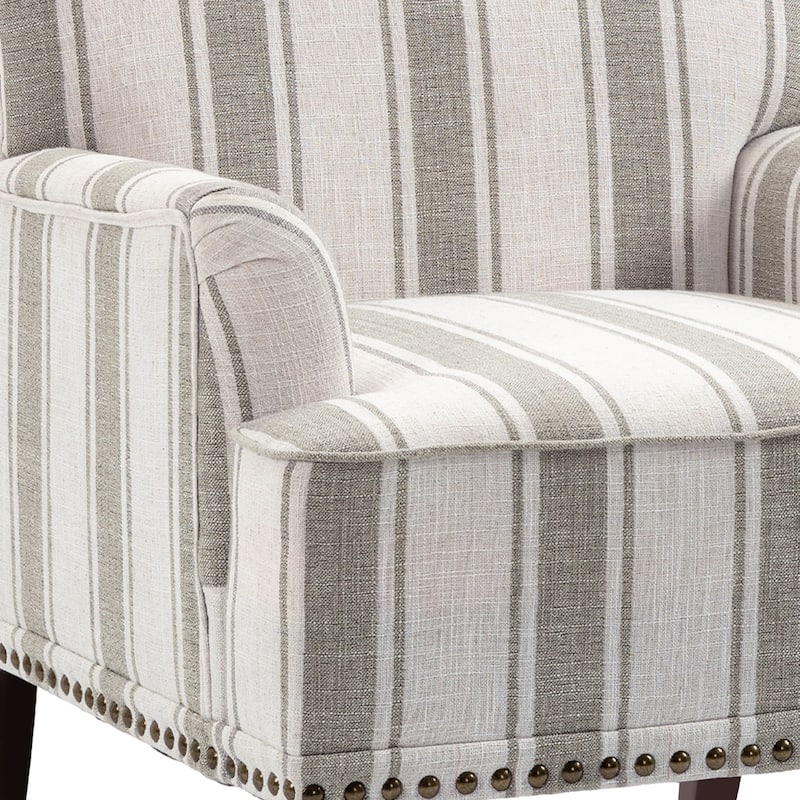 Set of 2 Stripe Linen Accent Arm Chairs with Nailhead Trim and Wood Legs
