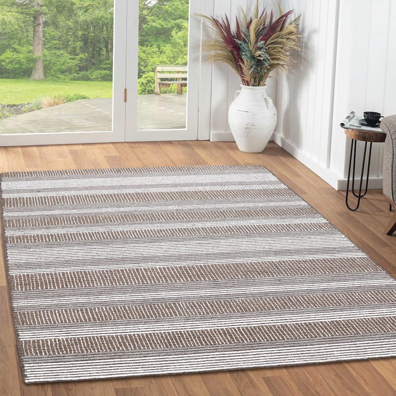 George Towne Living Stylish Lines Luxury Handmade Abstract Wool Area Rug - 5'x8' - Beige/Cream