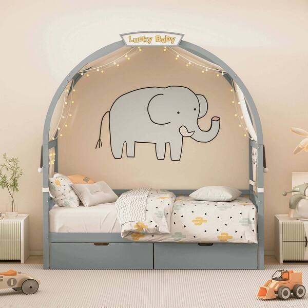 slide 2 of 21, Twin Size Bed With Arched Roof and 2 Drawers