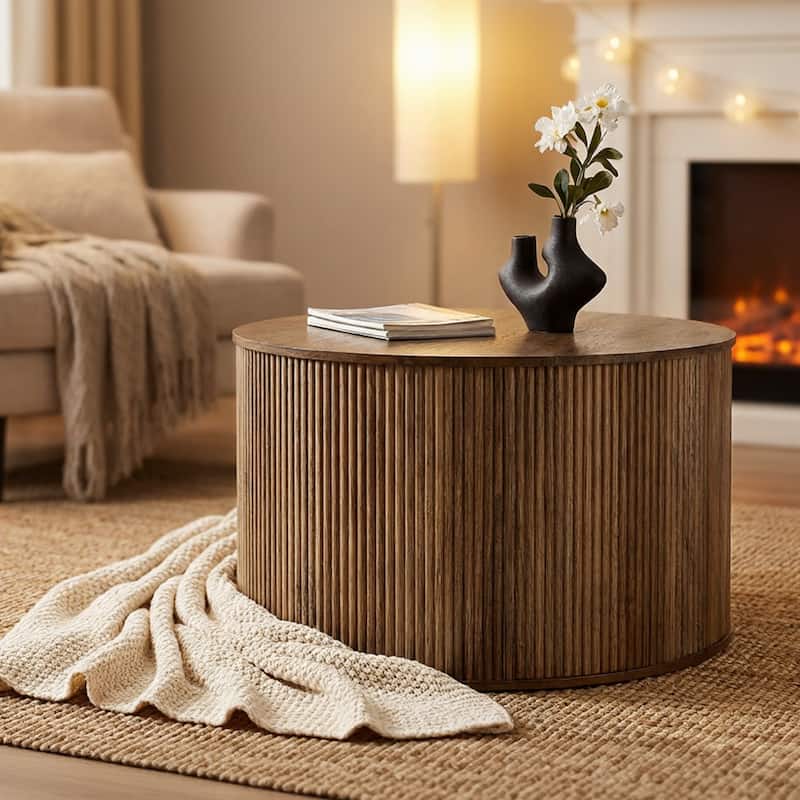 31.5" Round Solid Wood Coffee Table, Rustic Modern Center Table