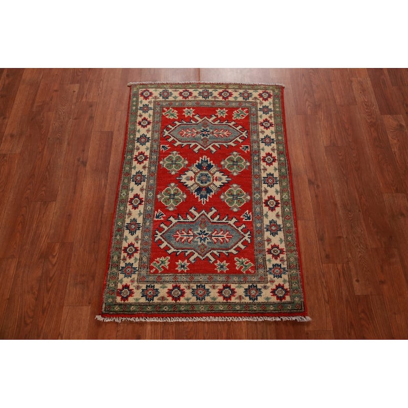 Red Geometric Kazak Oriental Foyer Rug Handmade Wool Carpet - 2'0"x 3'0"
