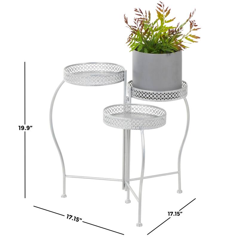 Silver Metal Curved Folding 3 Tier Indoor Outdoor Plantstand with Floral and Scroll Patterns