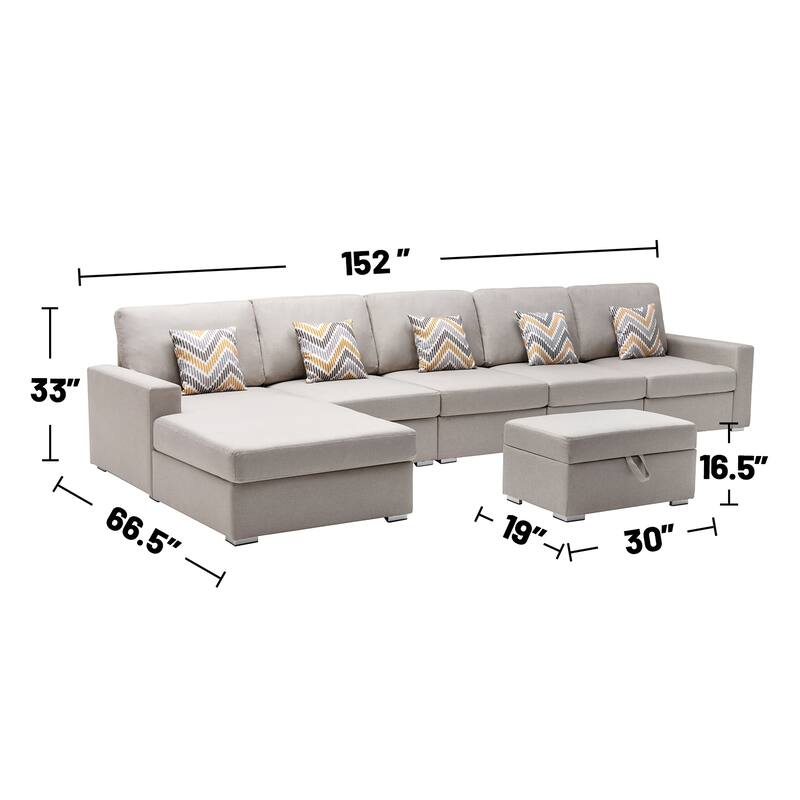 Linen Fabric 6 Piece Reversible Sectional Sofa Chaise with Interchangeable Legs, 5 Pillows and Storage Ottoman in Beige