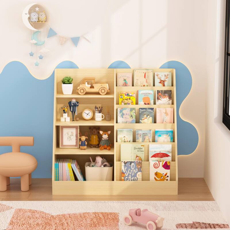 Kids Bookshelf and Toy Storage Organizer, Multifunctional 4 Tier Wooden Kids Book Shelf with Bookcase Display Stand