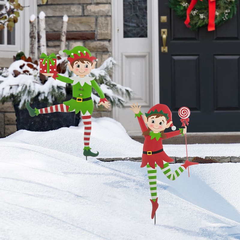 Glitzhome Set of 2 36"H Christmas Metal Snowman Santa or Dancing Elf Yard Stake Standing Hanging Decor