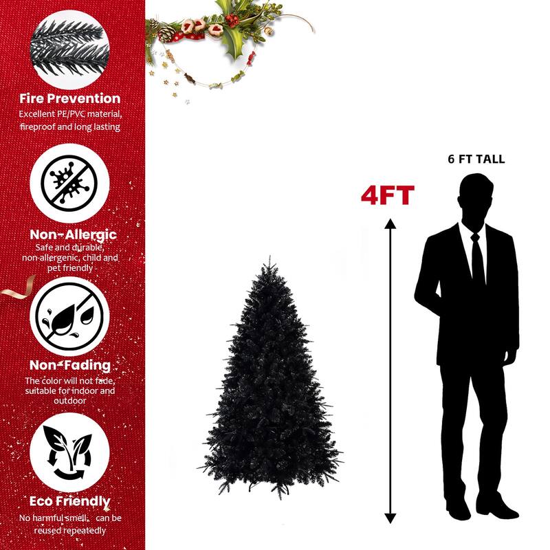 Pre-Lit Black Artificial Christmas Tree - White LED Lights, PE/PVC Branches, Hinged Structure, Metal Stand