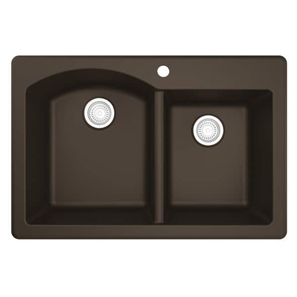 slide 2 of 50, Top Mount 33-inch Large/Small Bowl Quartz Kitchen Sink - 33" x 22" x 9" Brown
