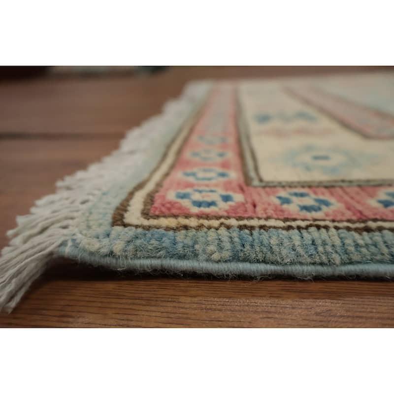 Hand Knotted Oriental 100% Wool Carpet Traditional Geometric Navy Blue & Blues Kazak Runner Rug - 13' 4'' X 2' 10''