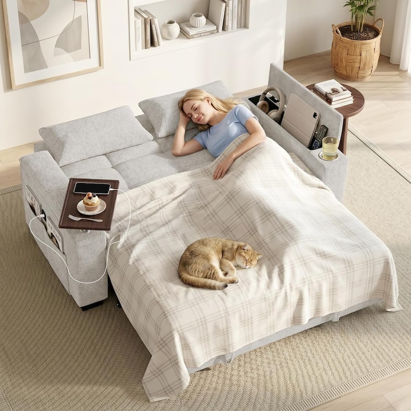 68" Chenille Fabric Sleeper Sofa Bed,Pull Out Couch with 360 Degree Swivel Side Table,USB Port,Cup Holder,Armrest Storage