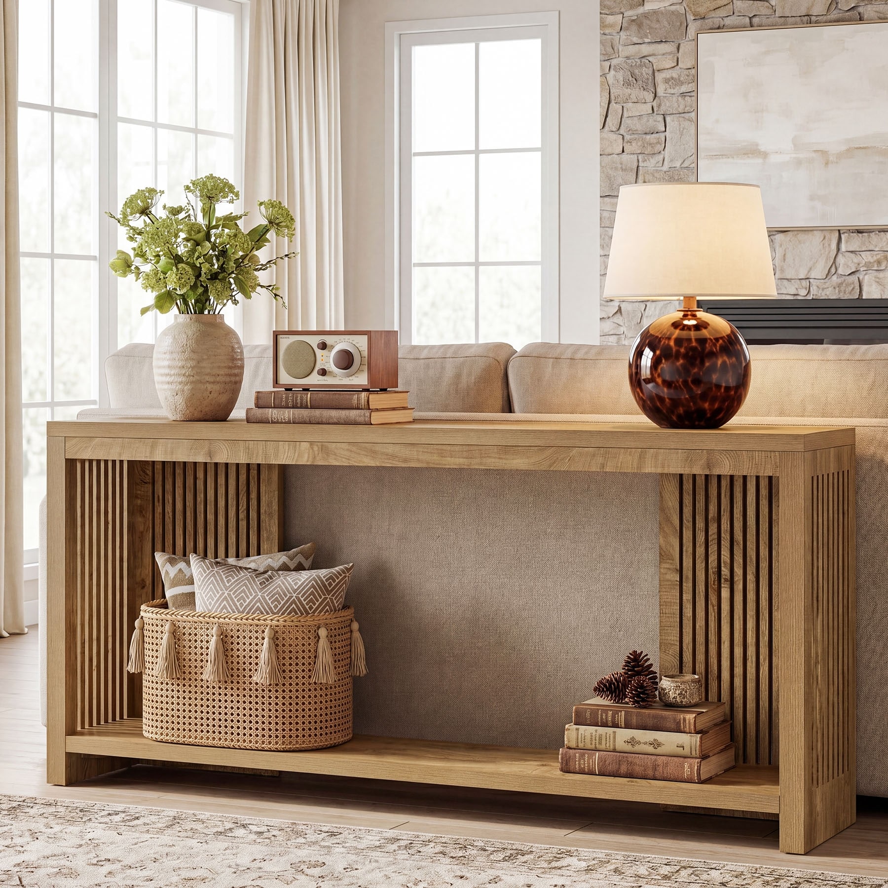 70.9" Console Table for Entryway, 2-tier Sofa Table Behind Couch - 70.86" D x 11.61" W x 33.26" H