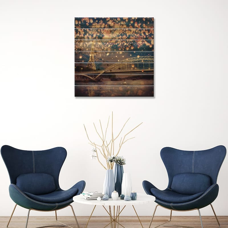Love Wish: Lanterns Over Paris Print On Wood by Paula Belle Flores - Multi-Color