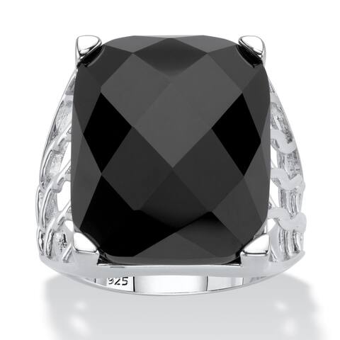 Sterling Silver Natural Black Onyx Checkerboard Cut Ring