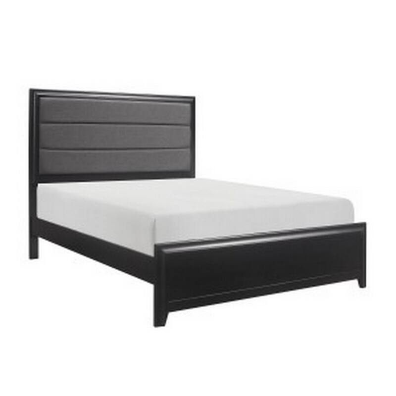 Zen Queen Size Bed, Gray Poly Upholstered Headboard, Espresso Brown Wood