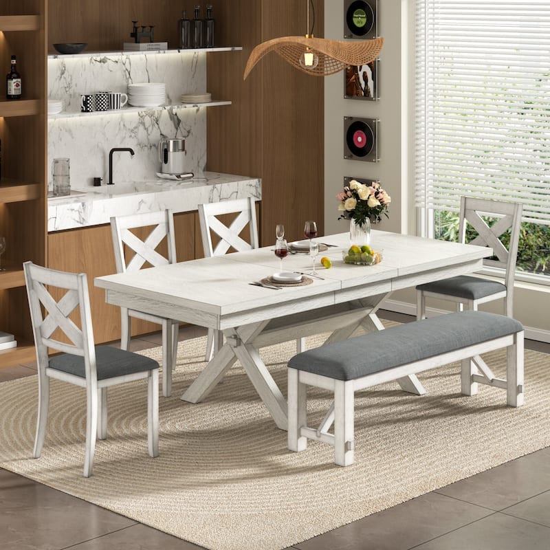 VECELO Dining Table Set with Bench, Solid Wood Rectangular Extendable Dining Table & 4/6 Solid Wood Dining Chairs - 6-Piece Sets
