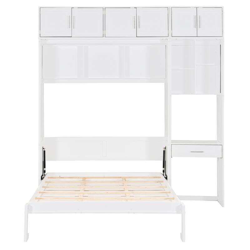 Full Size Space Saving Murphy Bed with Desk, Cabinets, and Shelves, White