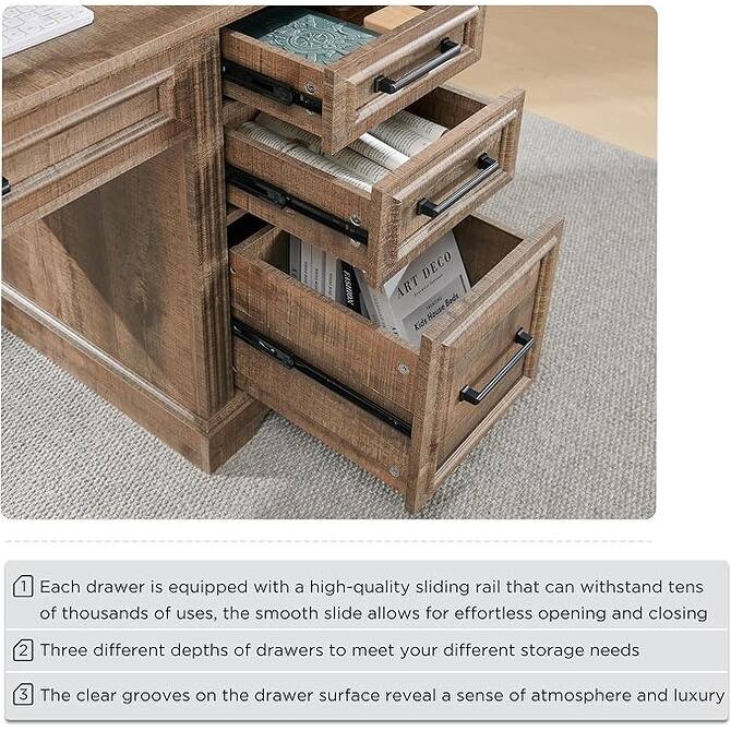 58" Large Computer Desk with Drawers, Embossed Texture Office Desk