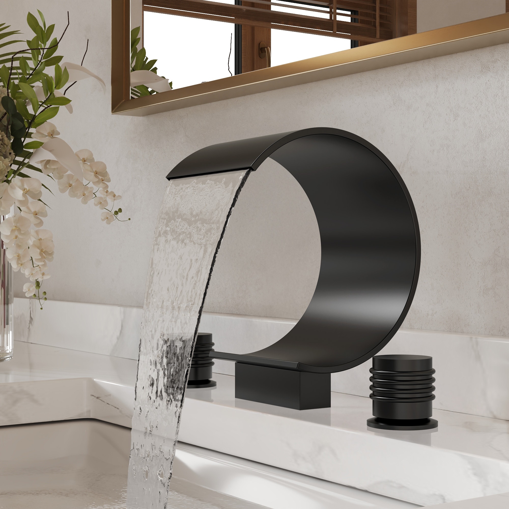 GRANDJOY Modern 3 Hole Widespread Waterfall Bathroom Faucet