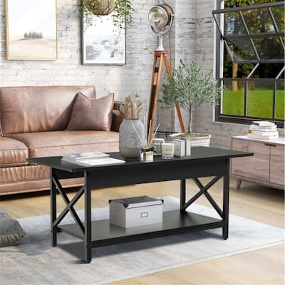 2-Tier Industrial Rectangular Coffee Table with Storage Shelf