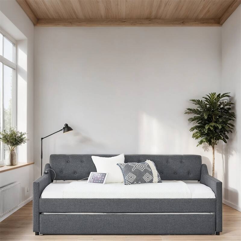 Twin Size Linen Upholstery DayBed with Twin Trundle and USB Charging