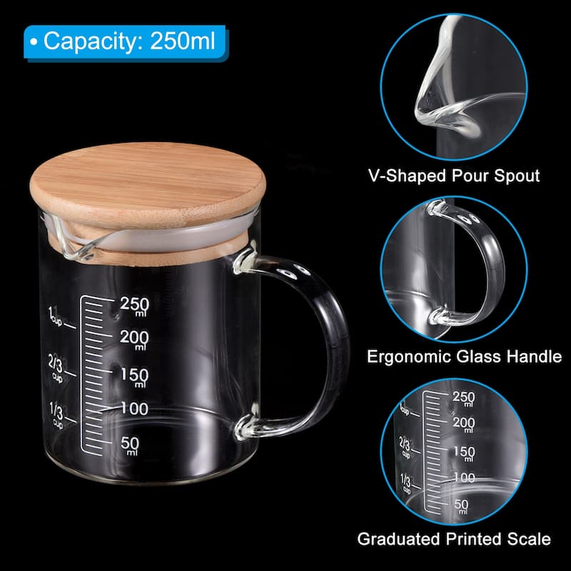 250ml Glass Measuring Cup, 3.3 Borosilicate Glass White Printed with Wood Lid