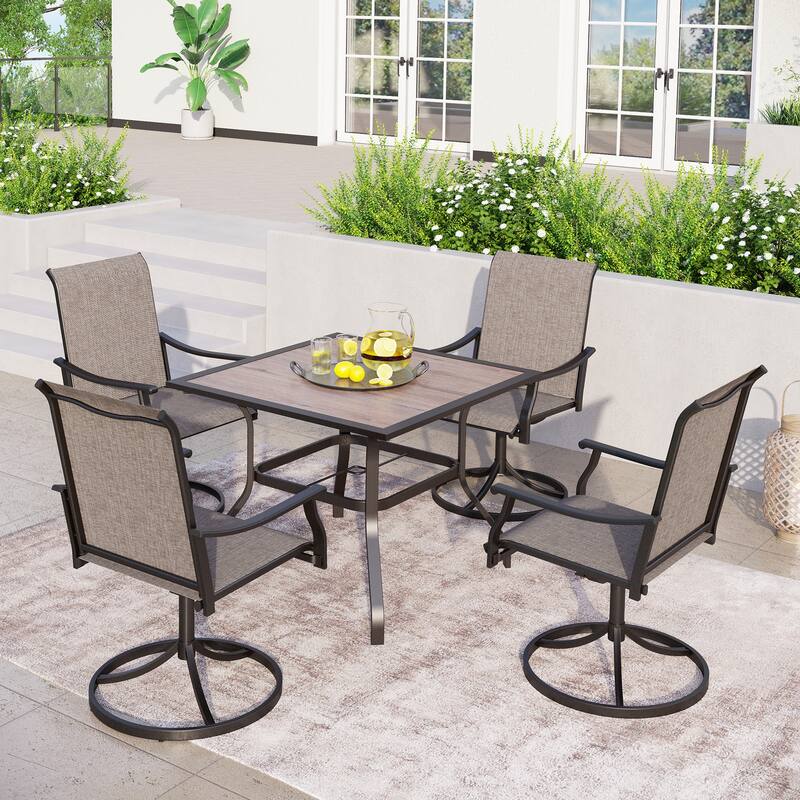 MAISON ARTS 5-Piece Patio Dining Set, Metal Table and 4 Textilene Fabric Swivel Dining Chairs - Square Wood-look Table