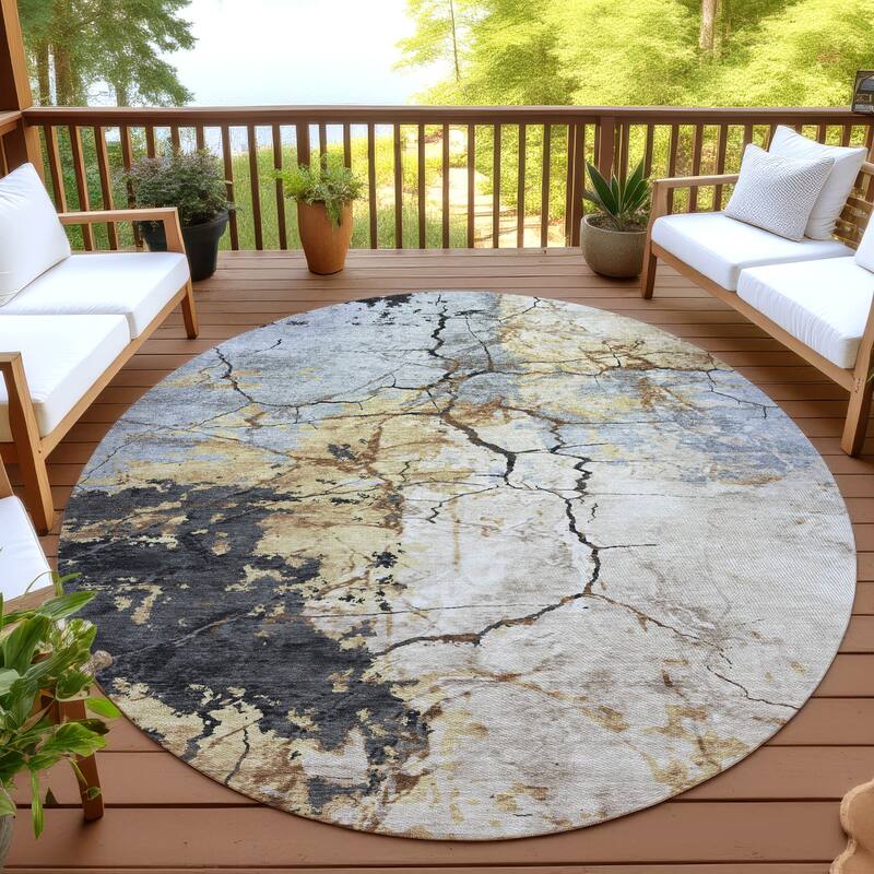 Machine Washable Indoor/ Outdoor Modern Crackle Chantille Rug - Gold - 8' x 8'