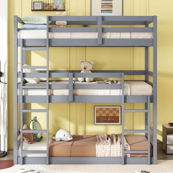 slide 2 of 9, Triple Bunk Bed with Detachable Twin Over Twin Over Twin, Rubber Wood Frame, Two Ladders, Guardrails for Kids Room, Grey Grey
