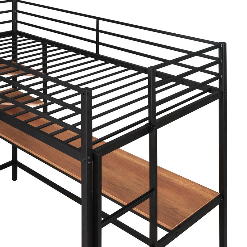 Twin Size Metal Loft Bed with Desk, Ladder & Shelf