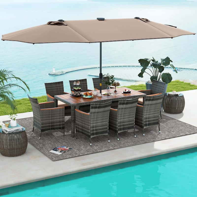 Costway 11 PCS Patio Dining Set with 15 ft Double-Sided Patio Umbrella - See Details - Beige
