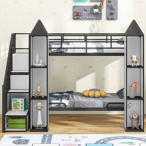 slide 2 of 19, Twin over Twin Castle-Shaped Metal Bunk Bed with Wardrobe and Multiple Storage Black+White - Twin